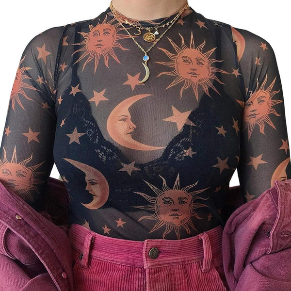 MIZOK Women's Long Sleeve See Through Shirts Angel Print Sexy Sheer Mesh Crop Tops