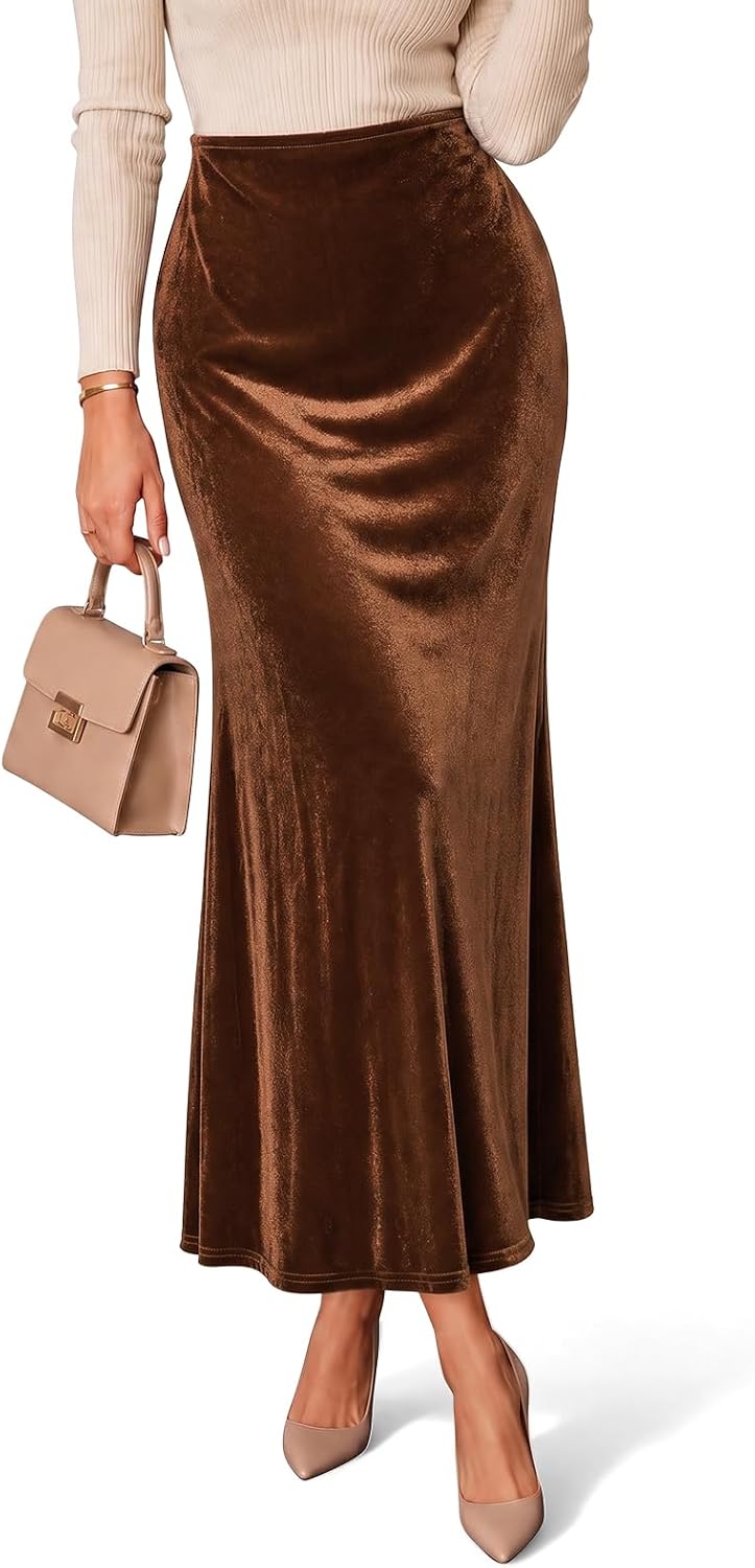 Cicy Bell Womens Velvet Maxi Skirt Fall High Waisted A-Line Long Skirts