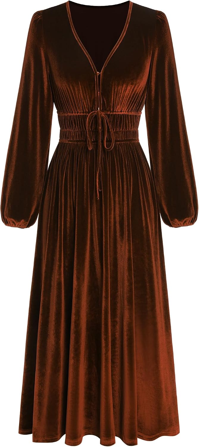 ZAFUL Women's V Neck Velvet Midi Dress Long Sleeve Formal Cocktail Dress