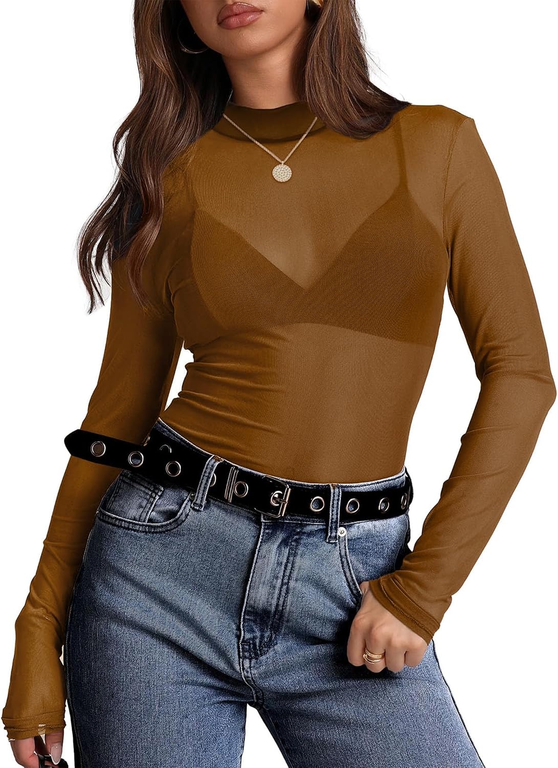 Mesh Top for Women Long Sleeve See Through Mesh Shirt Sheer Blouse Clubwear