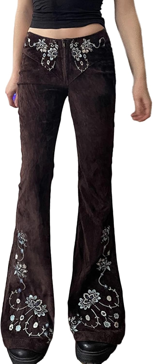 Women Bell Bottom Jeans Stretchy Flare Mid Rise Embroidery Vintage