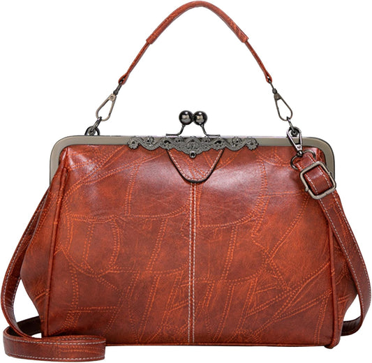 Vintage Kiss-Lock Vegan Leather Crossbody Satchel — Versatile Evening Clutch & Daily Tote