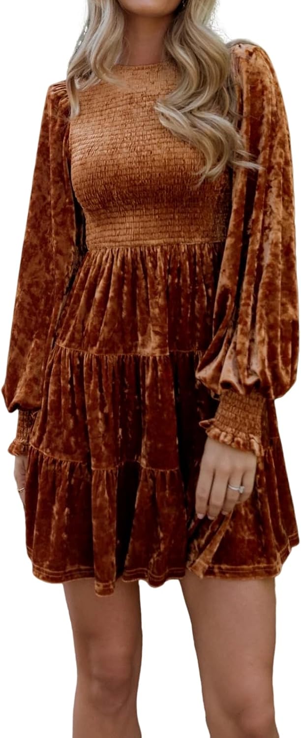 R.Vivimos Women's Fall Crushed Velvet Long Sleeve Mini Dress