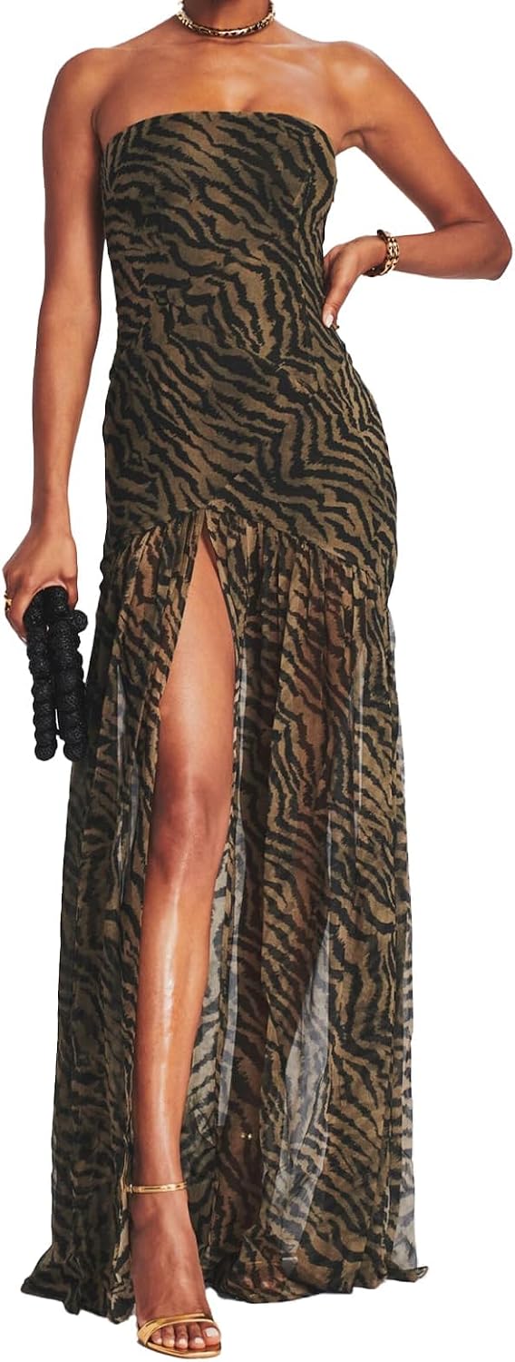 Women Tube Top Dress Tiger Stripe Mesh Patchwork Maxi Dress Strapless Sexy High Slit Long Dresses Beach Vacation Secondary image