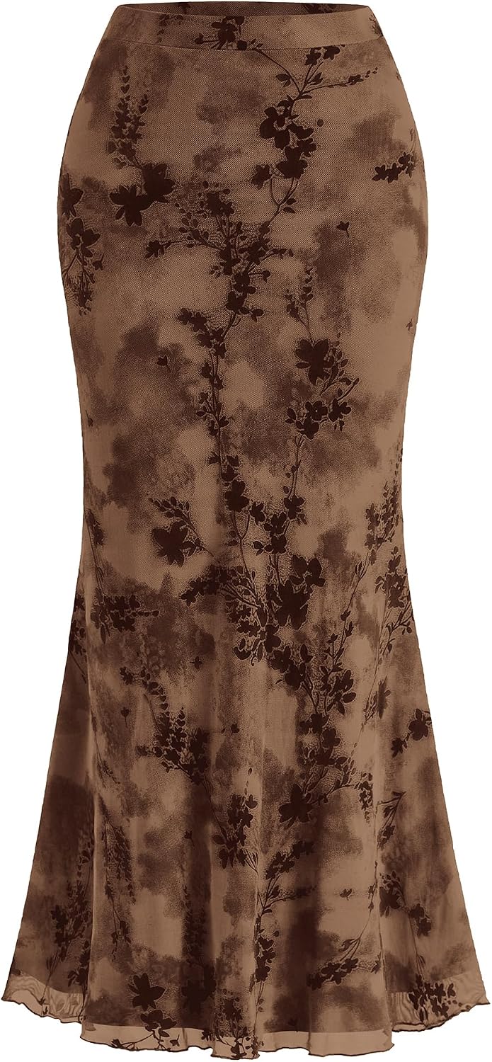 BTFBM Womens Floral Mesh Maxi Skirts
