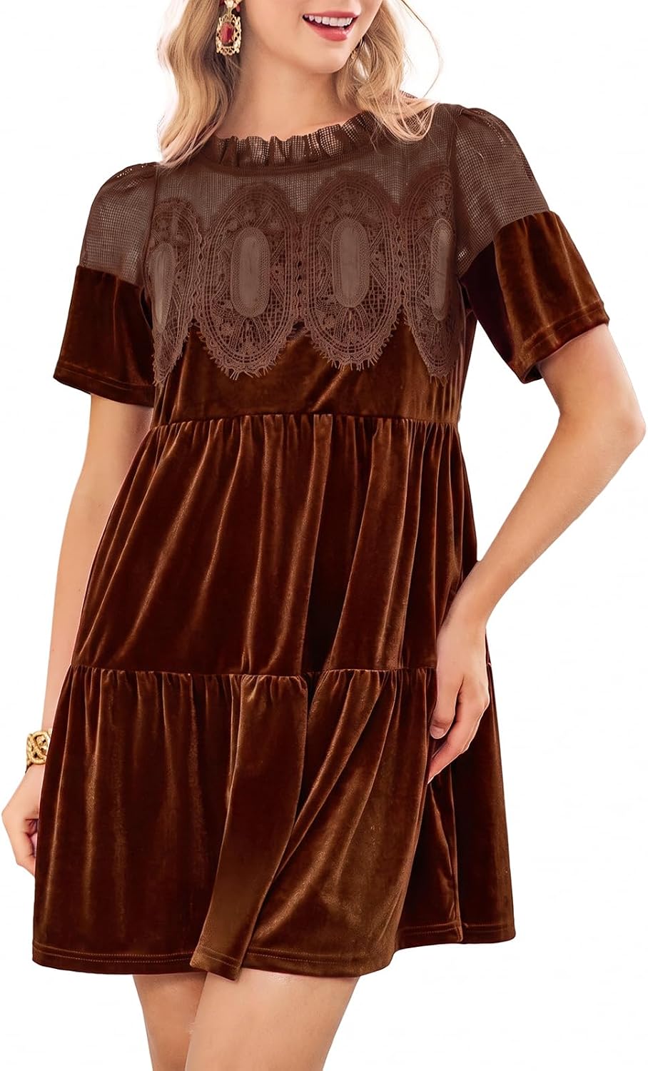 Wenrine Womens Velvet Dress Fall Lace Short Sleeve Babydoll Mini Dresses