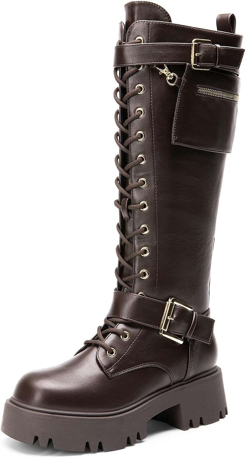 DREAM PAIRS Womens Knee High Combat Boots Platform Heels