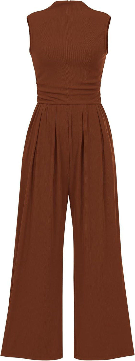 PRETTYGARDEN Women's Summer Dressy Casual Jumpsuits | Cozy Ribbed Fabric, Sleeveless Mock Neck, Back Zipper, Pockets, Wide Leg Pants Rompers, Fashion Clothing, One Piece Outfits