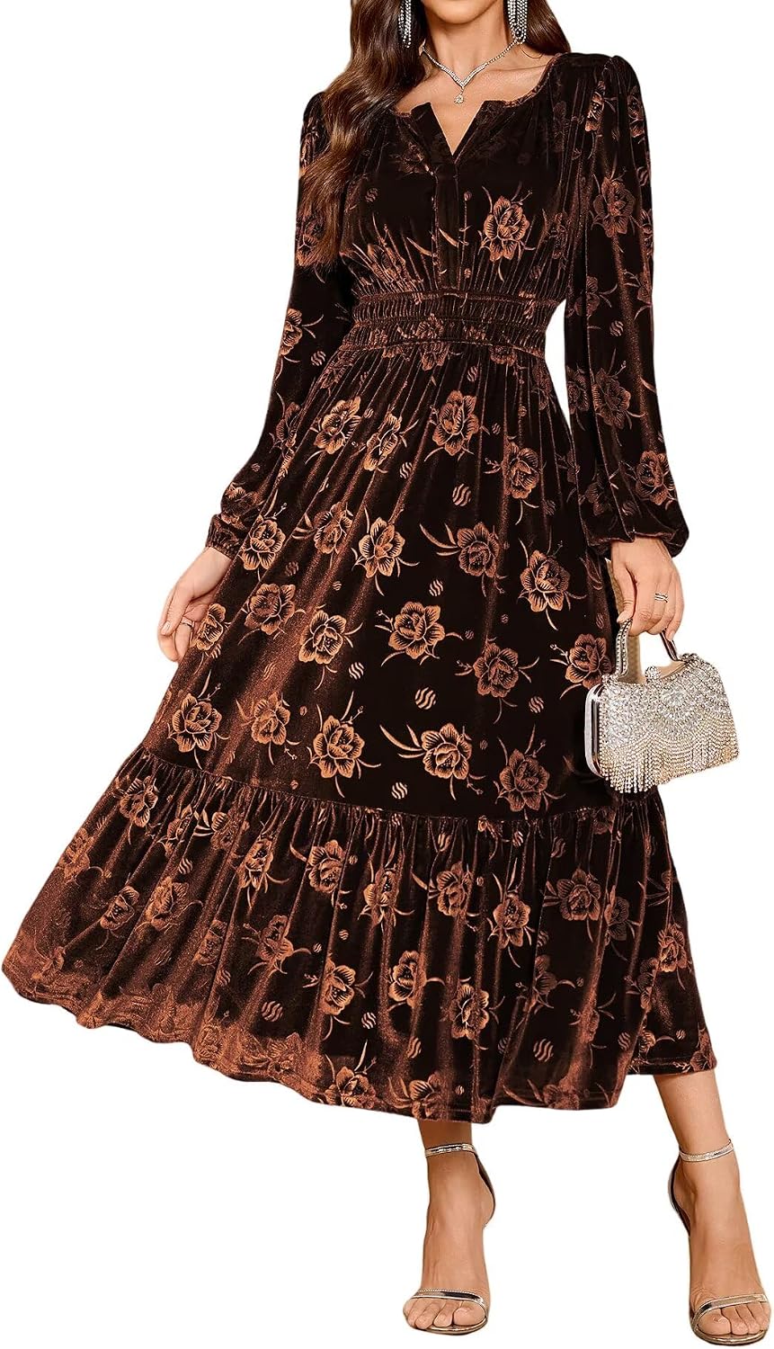 ZAFUL Womens Velvet Dress Long Sleeve Maxi Dresses Floral Smocked Waist