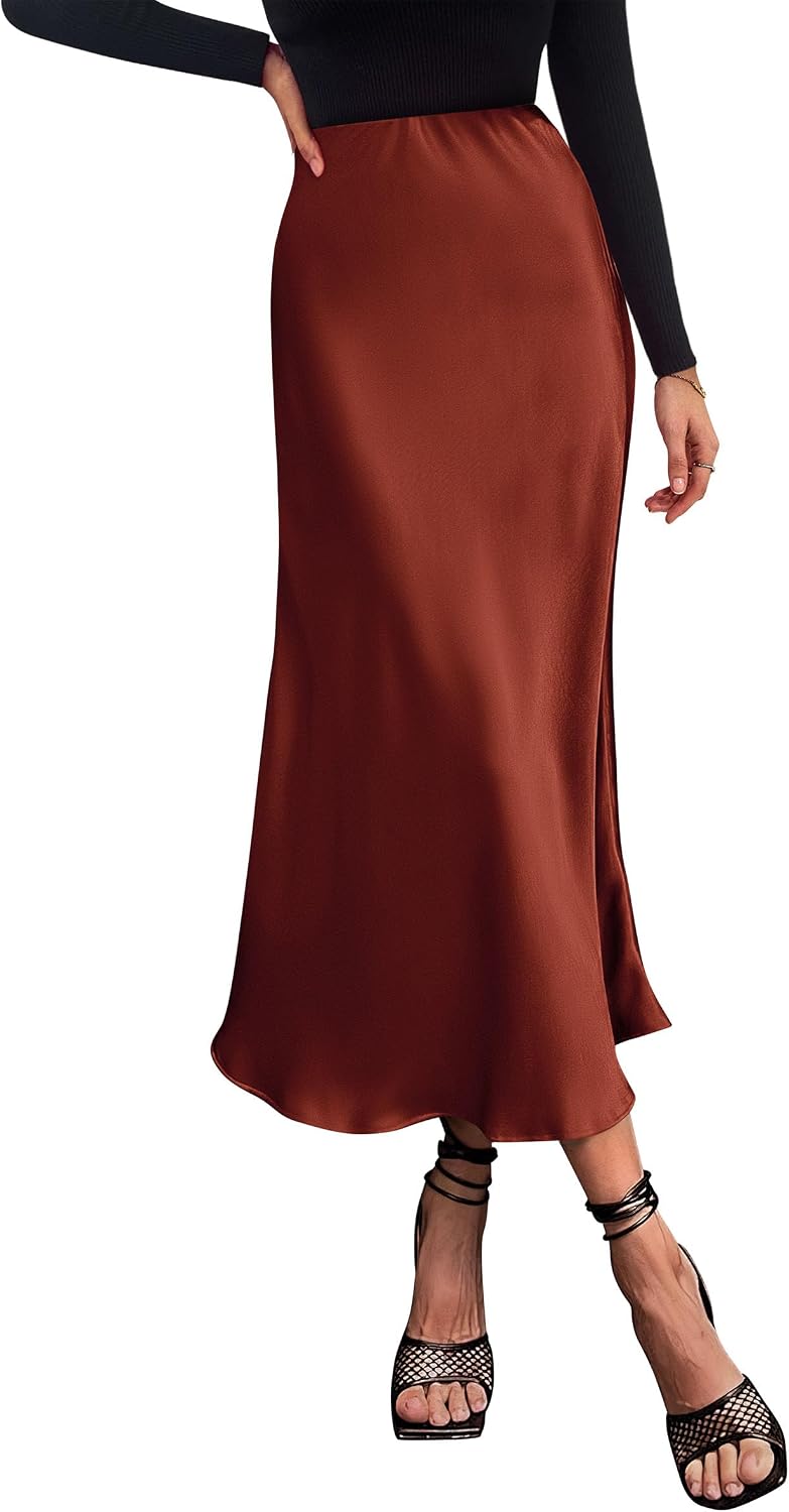 PRETTYGARDEN Women's Satin Midi Skirts Dressy Casual
