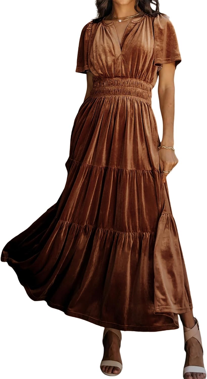 R.Vivimos Womens Fall Winter Velvet Elastic Waist Maxi Dress