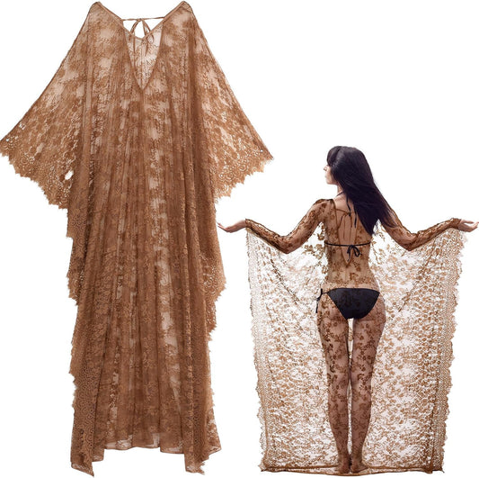 Mepase Boho Witch Lace Kimono Kaftan Dress Robe Beach Bikini Swimsuit