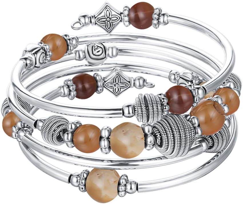 PEARL&CLUB Beaded Chakra Bangle Turquoise Bracelet - Fashion Jewelry Wrap Bracelet with Thick Silver Metal and Mala Beads, Birthday Gifts For Women