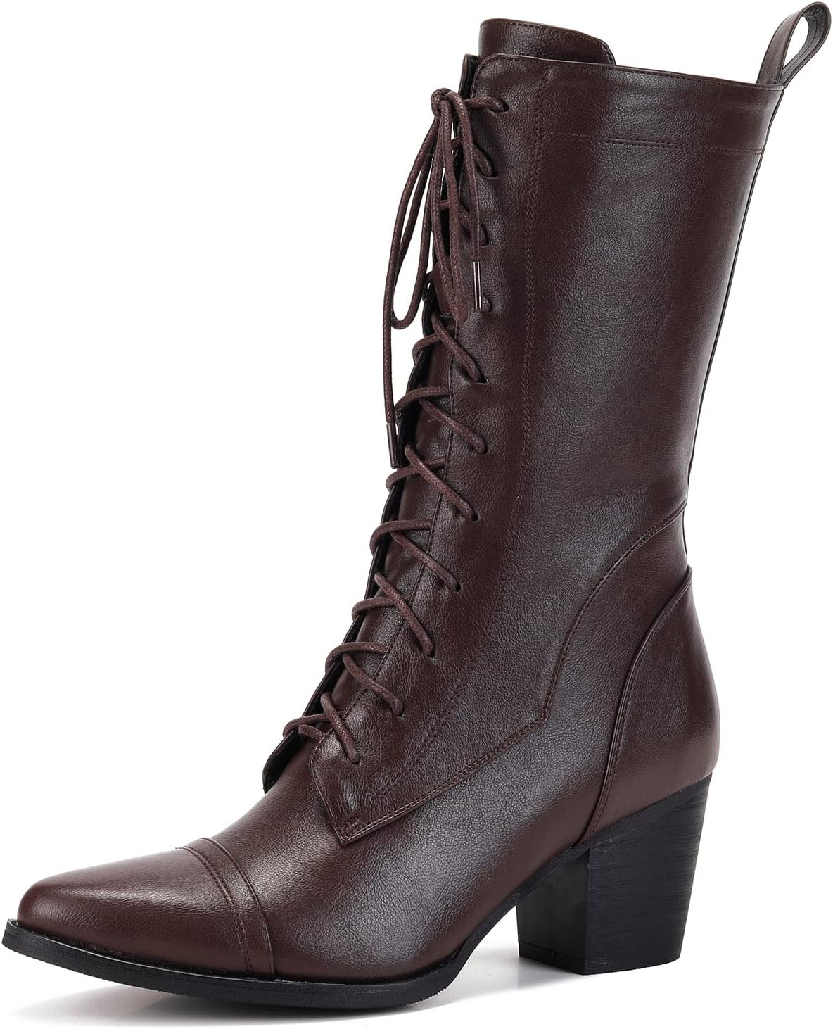 UTIKLIOU Women's Mid Calf Boots Lace up Combat Boots Leather Side Zipper Winter Boots Faux Fur Lining
