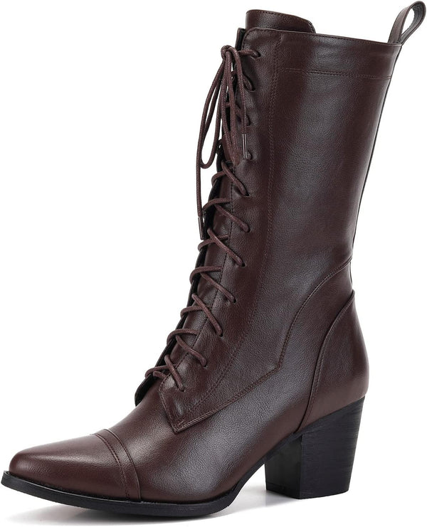 UTIKLIOU Women's Mid Calf Boots Lace up Combat Boots Leather Side Zipper Winter Boots Faux Fur Lining