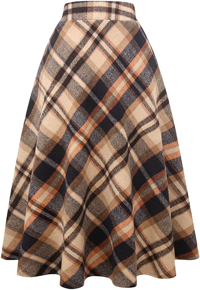 Womens Long Wool Plaid Skirt Aline High Waist Fall Winter Skirts