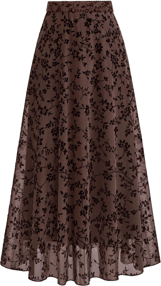 BTFBM Womens Floral Mesh Maxi Skirts Long Tulle Skirt