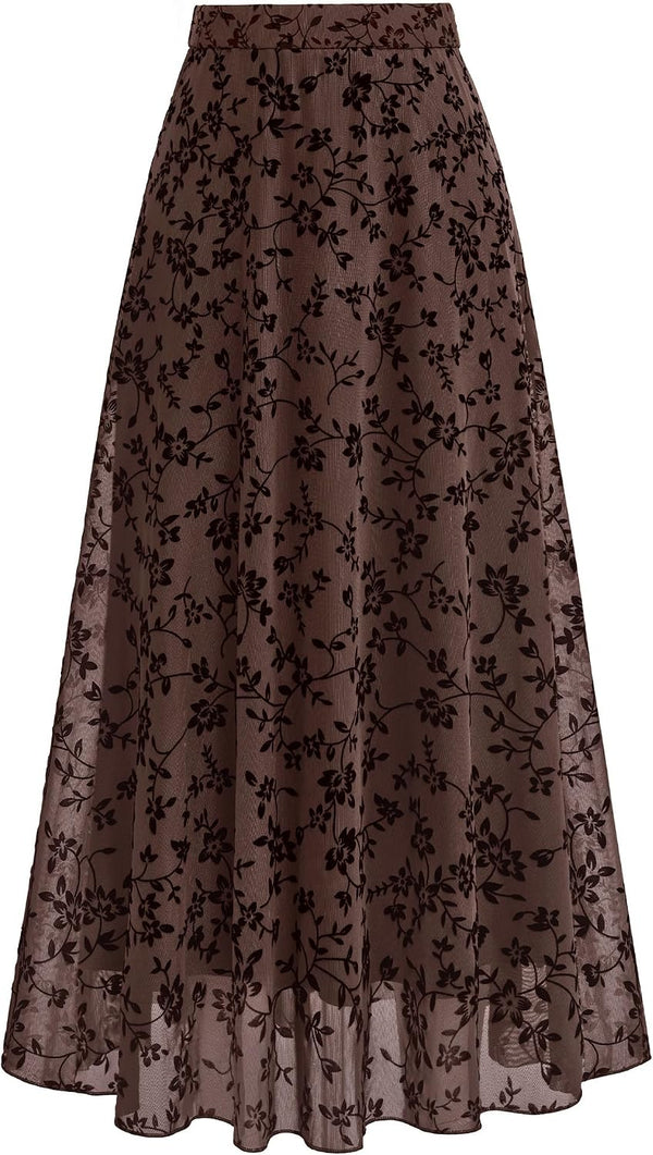 BTFBM Womens Floral Mesh Maxi Skirts Long Tulle Skirt
