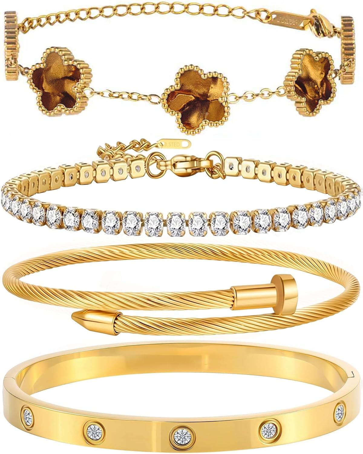 18K Gold Plated Bangle Bracelet Set for Women Stackable Lucky Floral Adjustable Tennis Bracelet Non Tarnish Gift Jewelry for Christmas Valentines Birthday Mother's Day