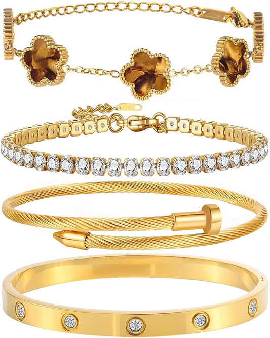 18K Gold Plated Bangle Bracelet Set for Women Stackable Lucky Floral Adjustable Tennis Bracelet Non Tarnish Gift Jewelry for Christmas Valentines Birthday Mother's Day