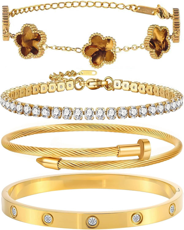 18K Gold Plated Bangle Bracelet Set for Women Stackable Lucky Floral Adjustable Tennis Bracelet Non Tarnish Gift Jewelry for Christmas Valentines Birthday Mother's Day