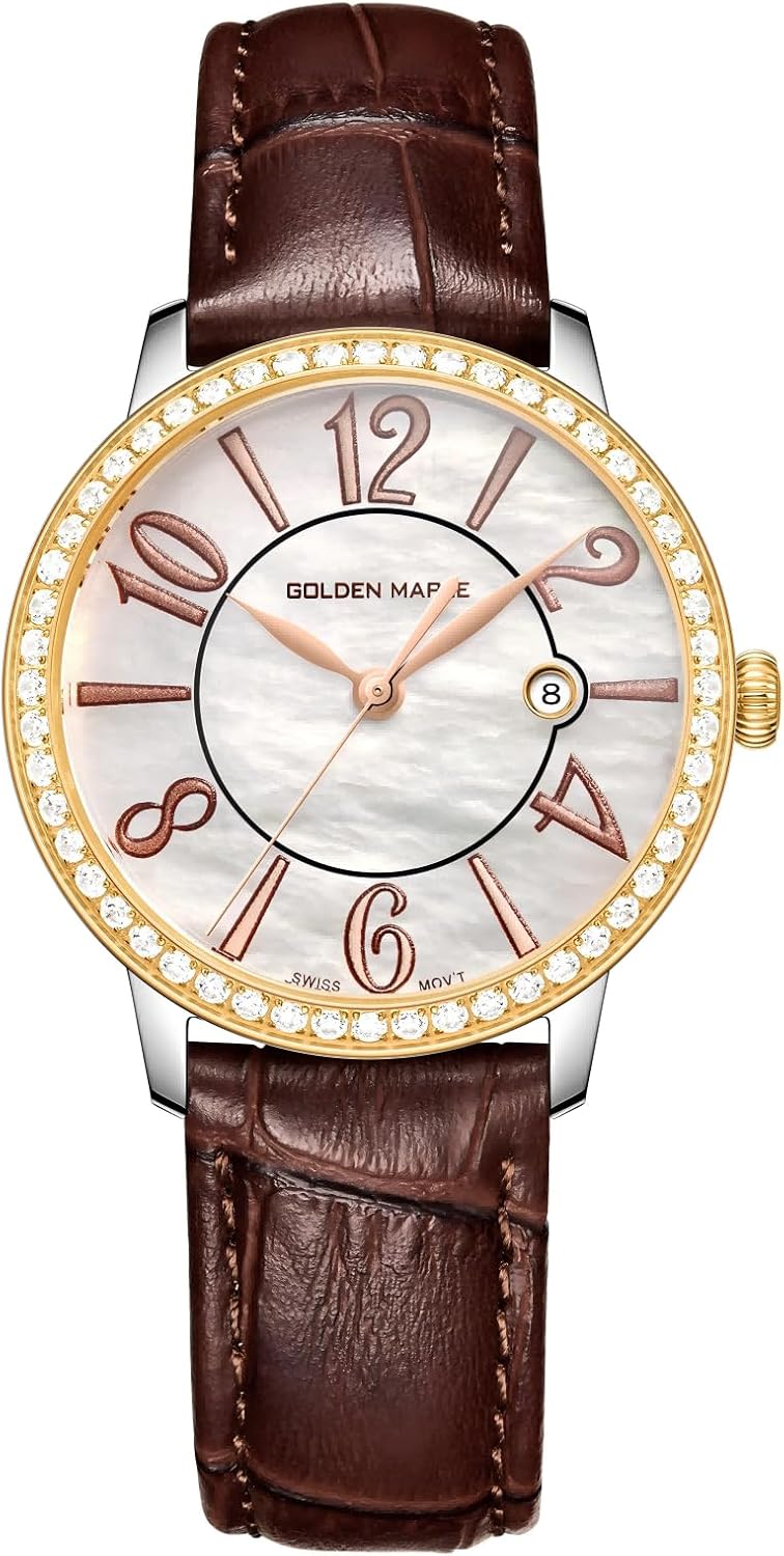 GOLDEN MAPLE Dainty Watches for Women, Mother-of-Pearl Dial and Swiss