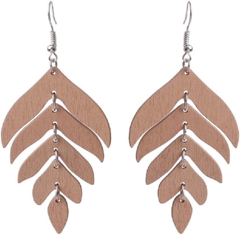 Wooden Palm Leaf Drop Dangle Earrings