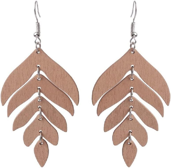 Wooden Palm Leaf Drop Dangle Earrings