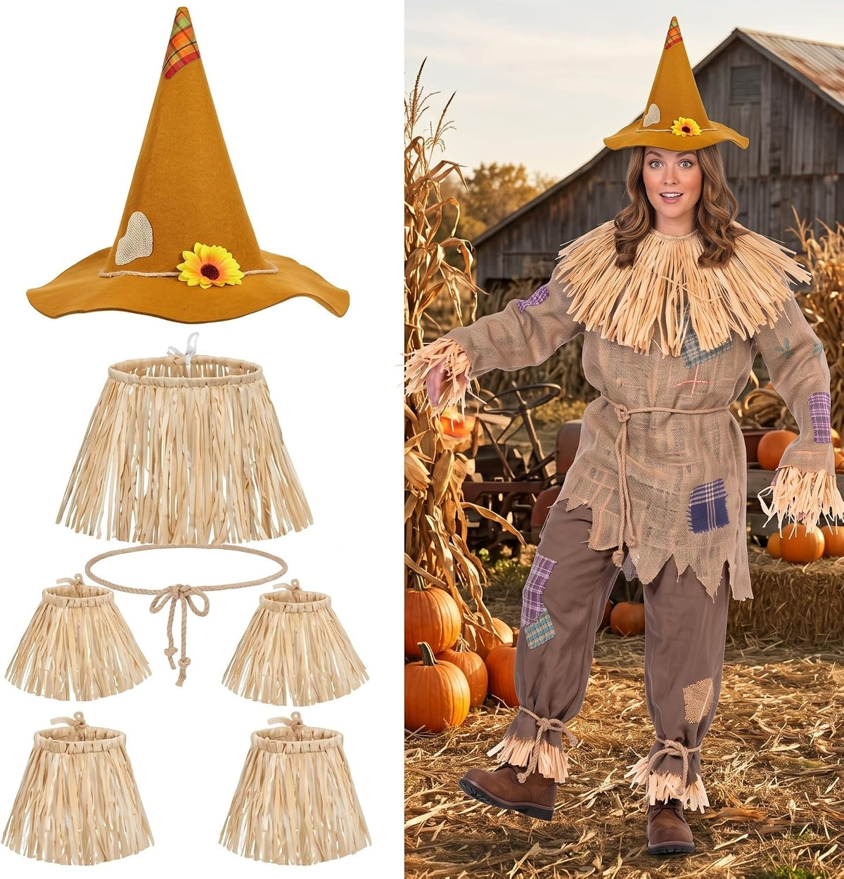 Geyoga 7 Pcs Scarecrow Costume Set Scarecrow Hat and Straw Kit