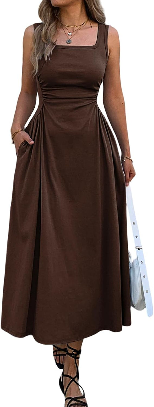 Mieazom Women's Square Neck Sleeveless Slim-Fit Maxi Dress Ruched Waist Corset Flowy Casual Summer Dresses with Pockets