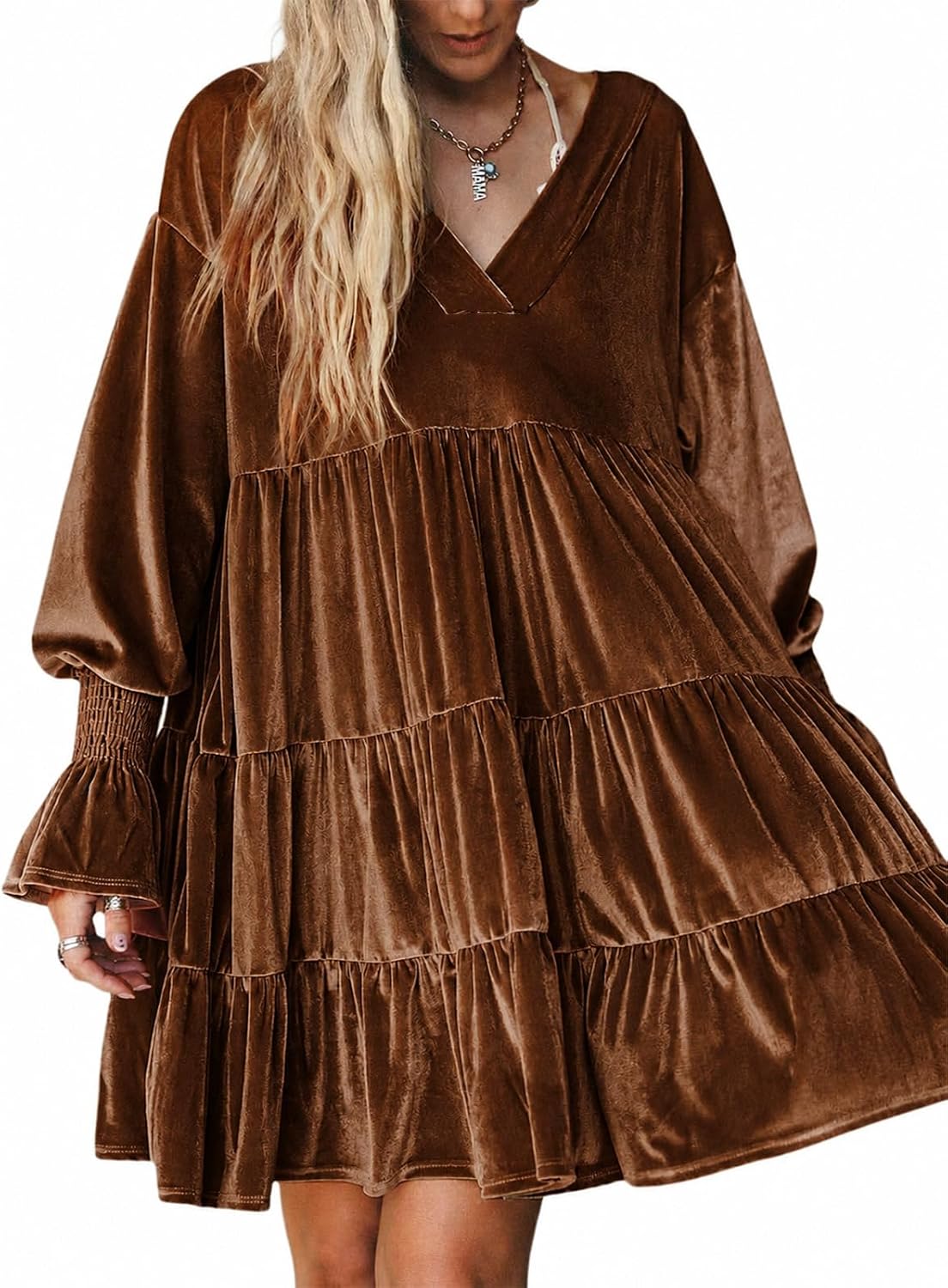 Fisoew Womens Velvet Tunic Dress Long Puff Sleeve Tiered Ruffle Dresses