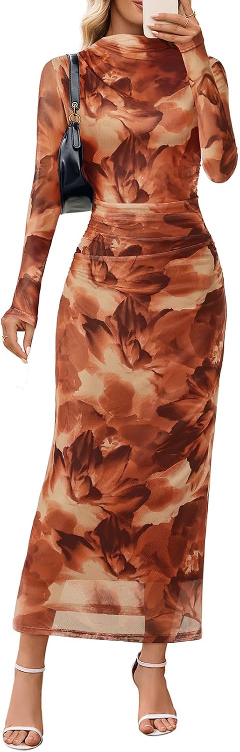 MEROKEETY Womens Fall Long Sleeve Floral Wedding Guest Maxi Dress