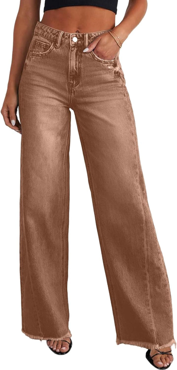 Sidefeel Women's Wide Leg Jeans High Waisted Stretchy Raw Hem