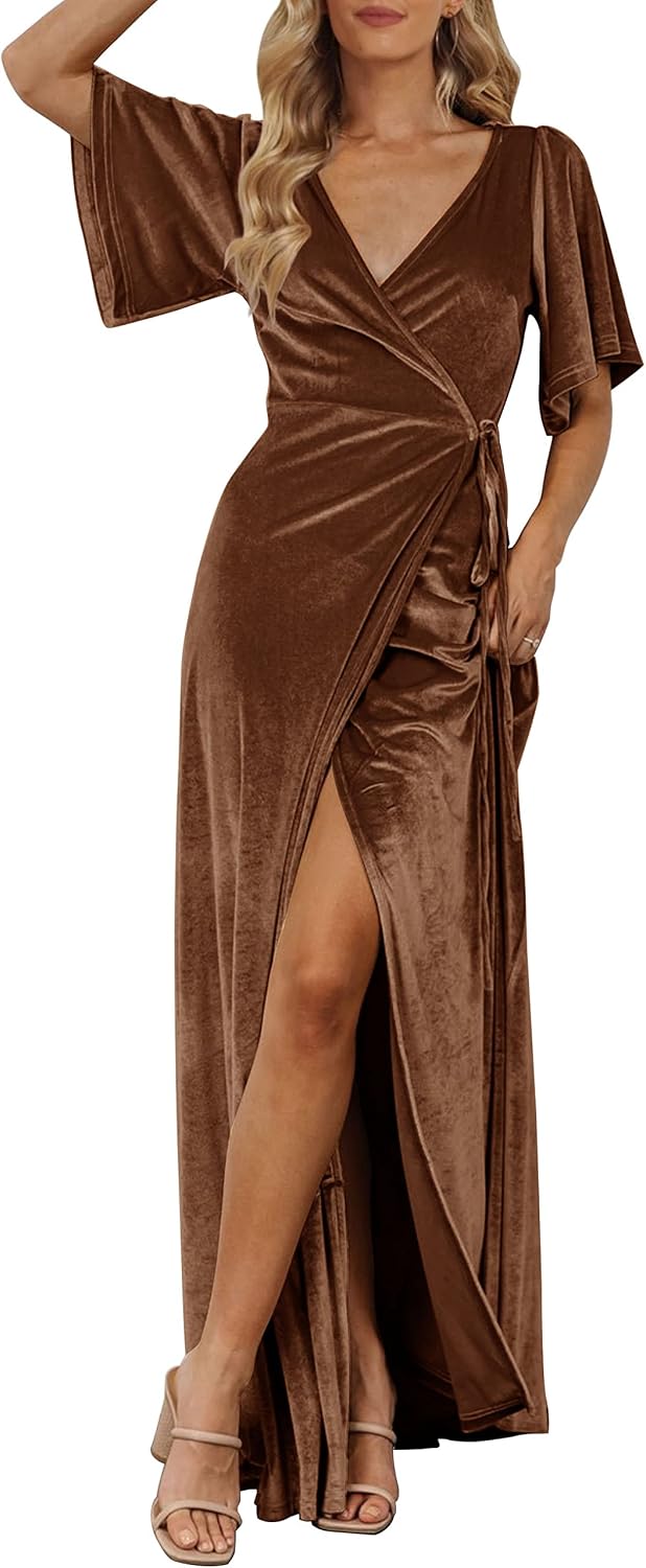 MEROKEETY Women's Wrap V Neck Wedding Guest Cocktail Velvet Maxi Dress