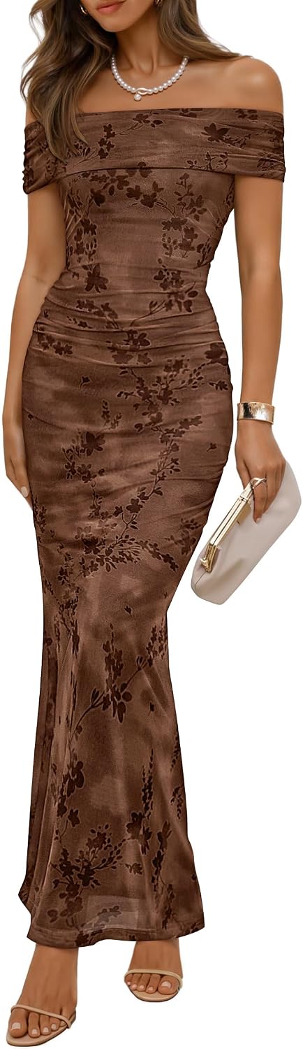 ZESICA Women's Summer Off Shoulder Floral Bodycon Ruched Maxi Formal Dress