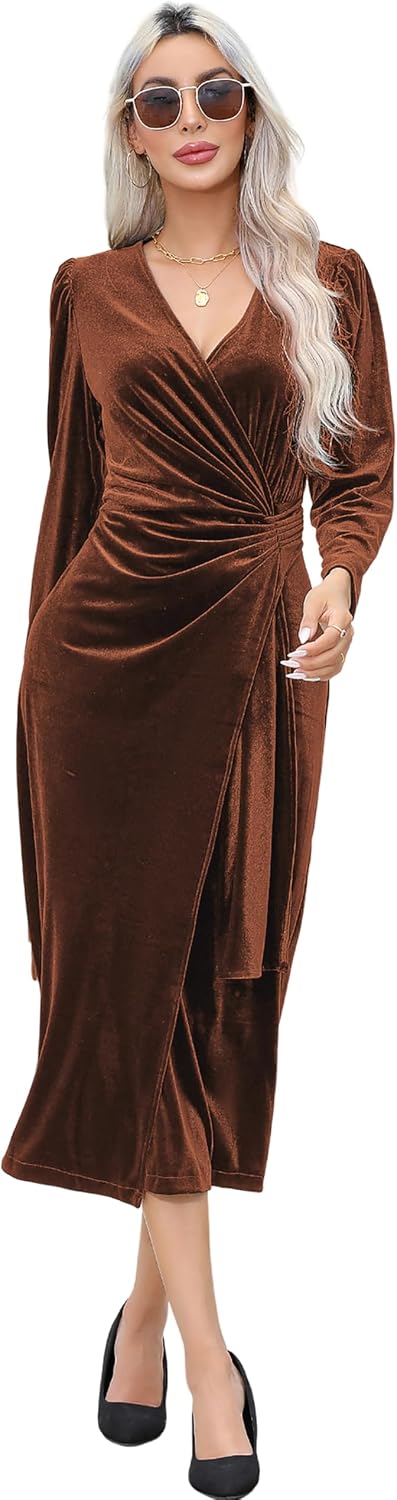 R.Vivimos Women's Velvet Wrap Fall Winter Elegant Midi Dress