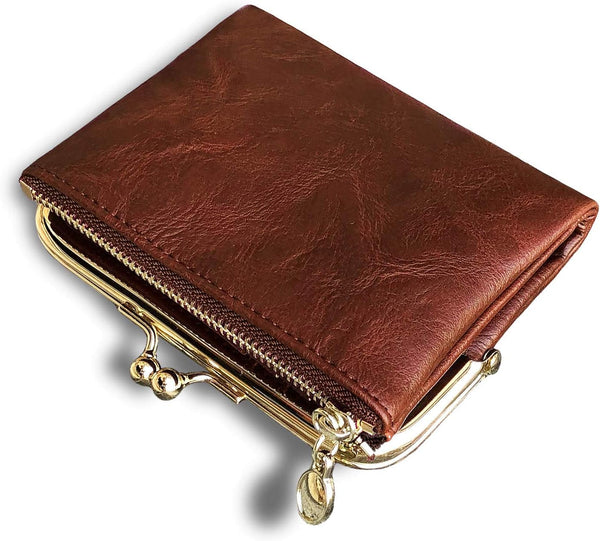 Womens Small RFID Compact Bifold Wallet — Vintage Kiss-Lock Coin Purse