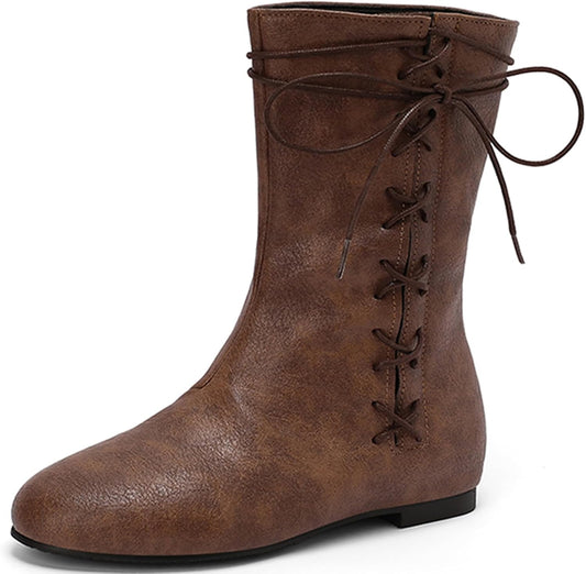 Cozivwaiy Women Vintage Flats Short Boots Lace up Comfortable Round Toe Pirate Boot Costume Medieval Renaissance Flat Victorian Boots