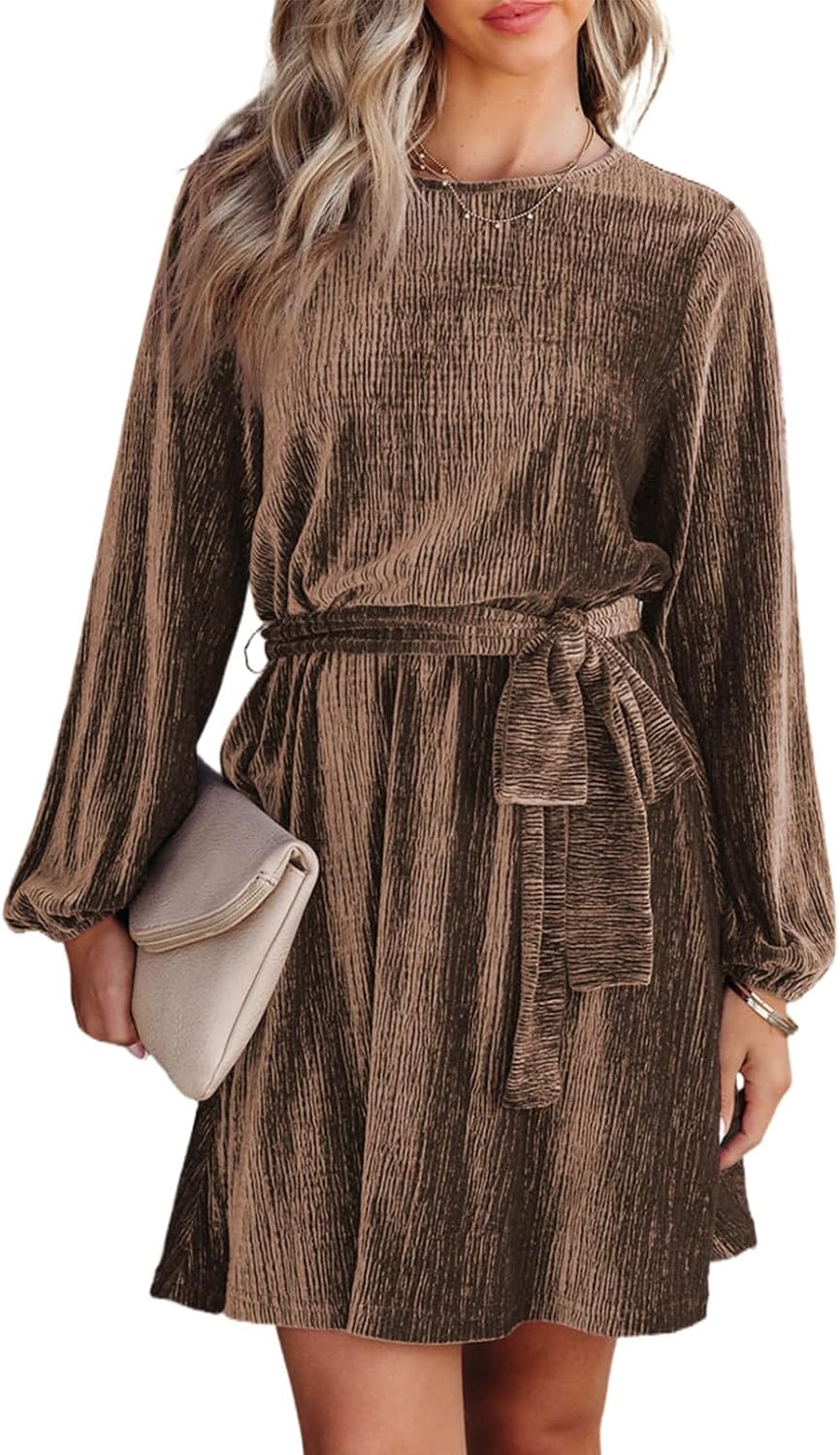 Happy Sailed Women's Velvet Dress Lantern Sleeve High Waist A-Line Skater Cocktail Party Dresses with Belt Business wear