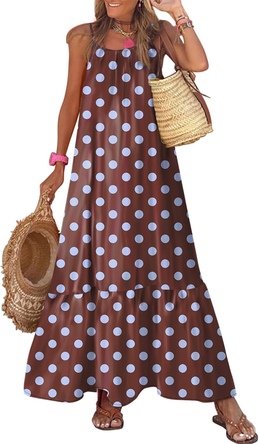 Dokotoo Women Summer Dresses Scoop Neck Ruffle Flowy Boho Maxi Dress