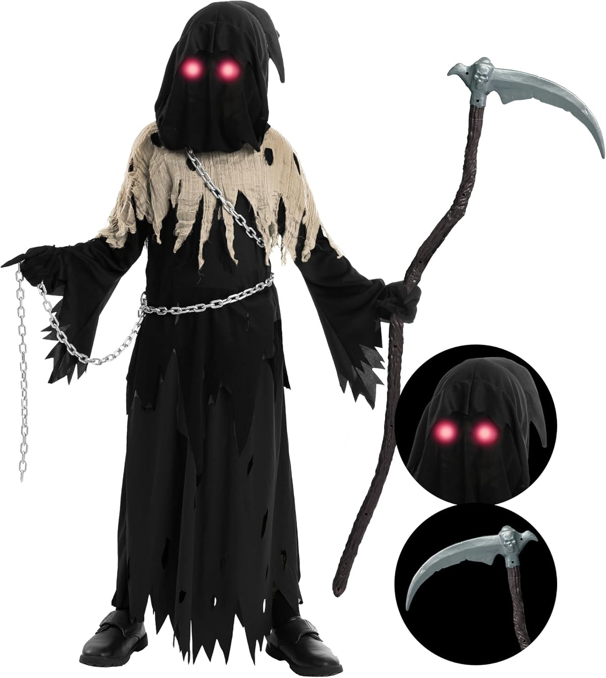 Spooktacular Creations Glowing Eyes Grim Reaper Costume for Kids, Halloween Costume for Boys, Halloween, Dress-up Party