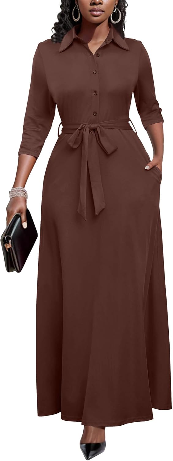 Runwind Womens Maxi Dress 3/4 Sleeve Button Down Church Dress with Pockets