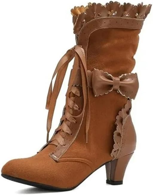 Women Victorian Boots Chunky Heels Lace up Cute Bow Knot Cosplay Costumes Witch Medieval Renaissance Mid-Calf Goth Boots Vintage Gothic Character Dance Kawaii Lolita Shoes