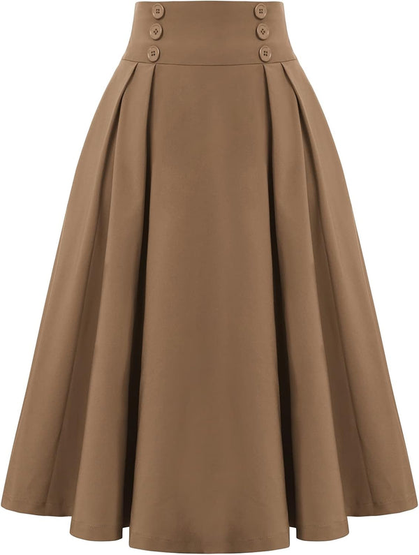 Belle Poque Women's Midi Pleated A-Line Skirts Pockets