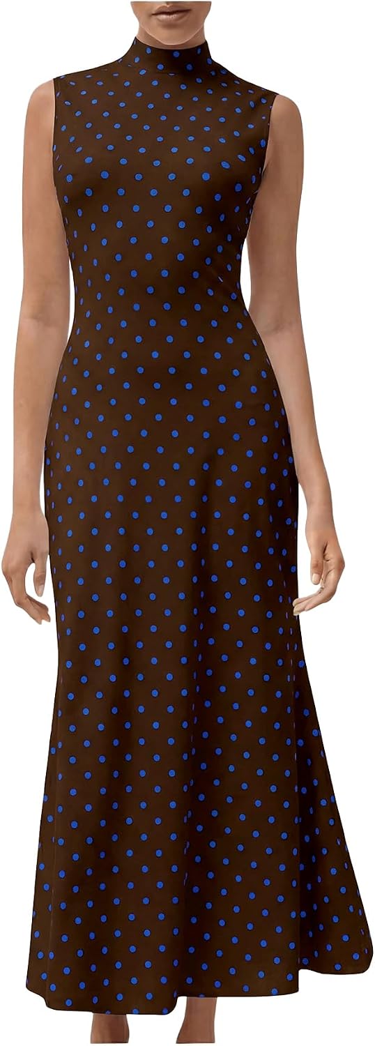 Milumia Women's Polka Dots Maxi Tank Dress Vintage Mock Neck Long Dresses