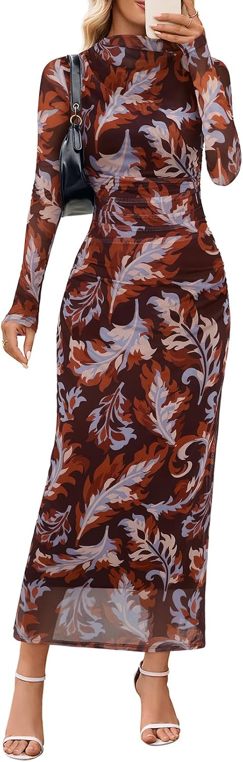MEROKEETY Womens Fall Long Sleeve Floral Wedding Guest Maxi Dress