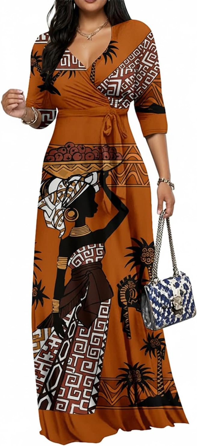 CaniBtr Maxi Dresses for Women Plus Size 3/4 Sleeve Long Dress with Belt