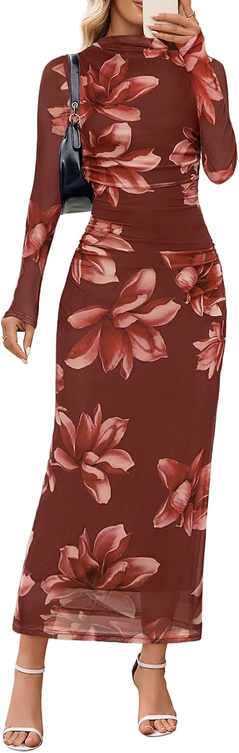 MEROKEETY Womens Fall Long Sleeve Floral Wedding Guest Maxi Dress