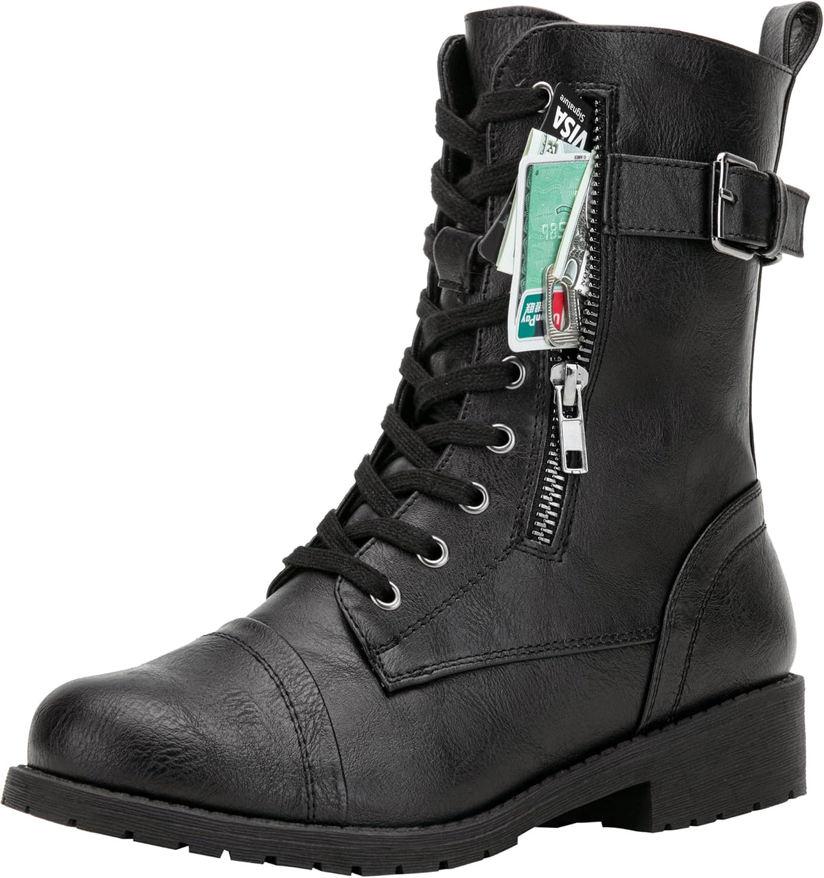 Women's Lace Up Mid Calf Combat Boots with Functional Pocket