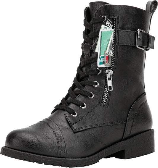 Women's Lace Up Mid Calf Combat Boots with Functional Pocket